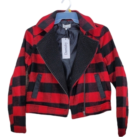 Love Chemiztry Coat Buffalo Plaid Red Black Moto Flannel Fleece Jacket Lined S L - Picture 5 of 12